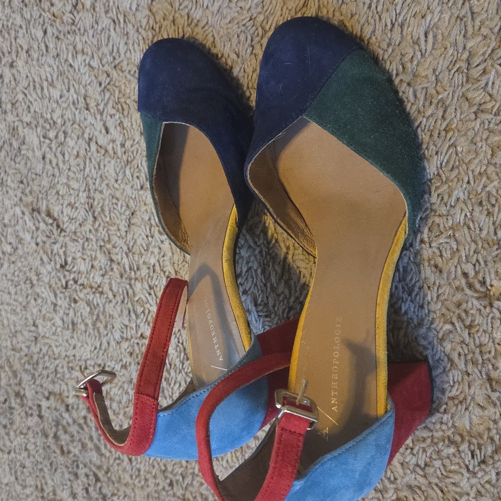 ANTHROPOLOGIE Colorblock Suede Chunky Heels